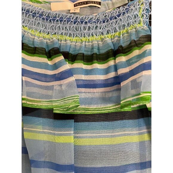 Tracy Reece Blue Green Stripe Silk Summer Top Small - Picture 5 of 5